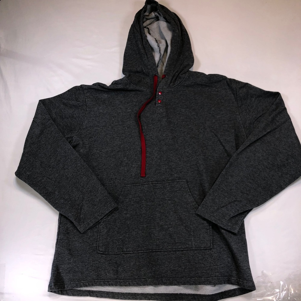 Pajamagram Mens Large Charcoal Gray Henley Hoodie Fleece Lounge Top 01773